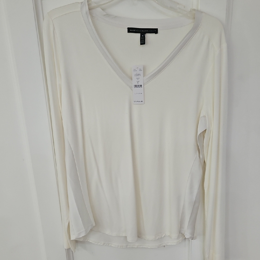 White House Black Market V-Neck Long Sleeve Shirt, Ivory, Medium, NWT